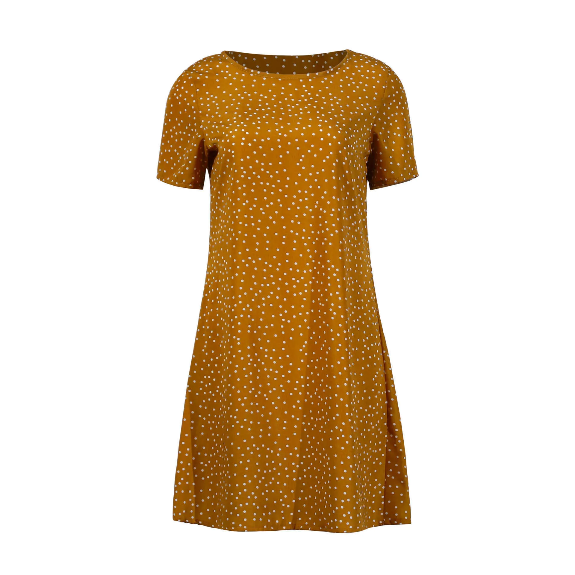 Boho Yellow Polka Dot Women Dress Casual O-Collo manica corta Summer Beach Mini abiti W9166 210526