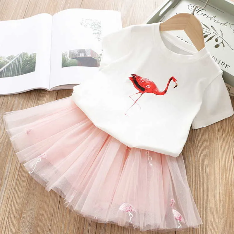 Garotas de varejo Flamingo roupas conjuntos de verão princesa menina desenhos animados t-shirt guarda-chuva saia conjunto 3-7T AY316 210610