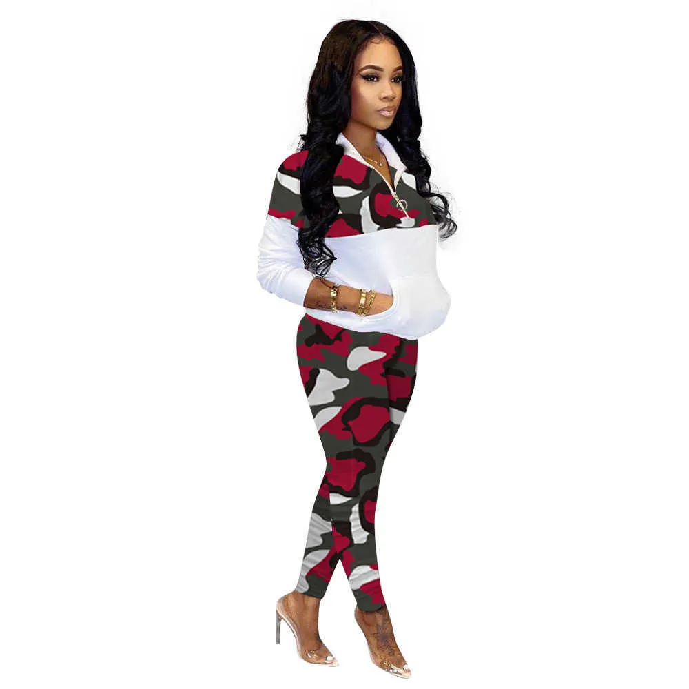 Winter Sale Ladies Casual Pullover Front Pocket Sweatshirts+Camouflage Straight Pants Plus Size Women Clothing Two Piece Set 210604