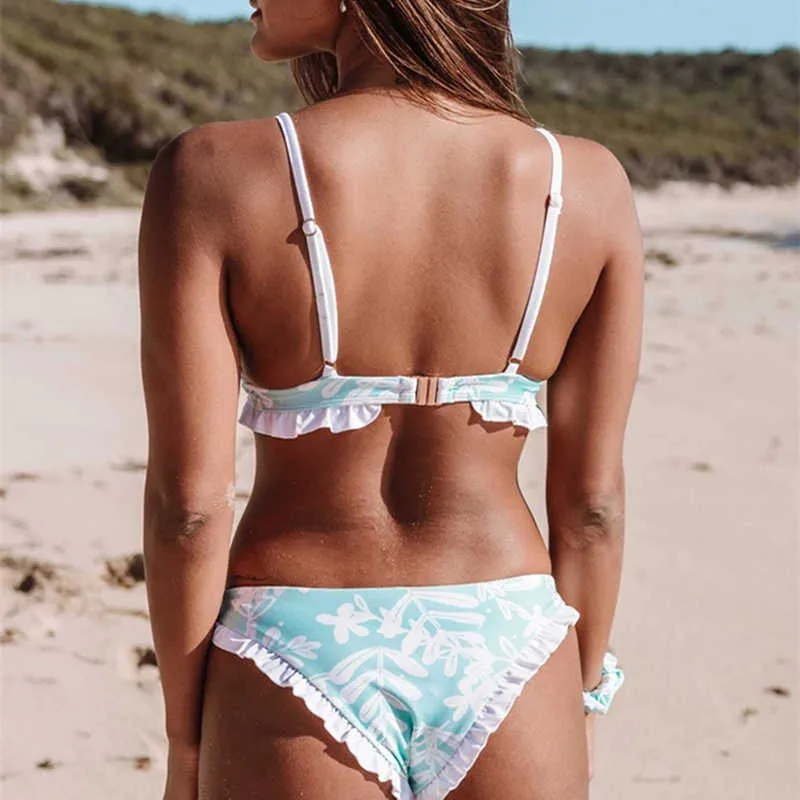 LSYMCVE-Sexy Badeanzug Rüschen Badeanzug Strand Bandage Bikini Retro Print Bikinis Frauen Dreieck Push Up 210712