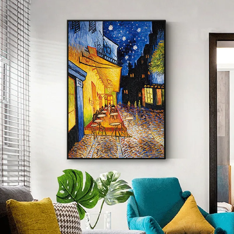 Van Gogh Beroemde Olieverfschilderij Poster Cafe Terras 's Nachts Reproductie Canvas Wall Art Pictures voor Woonkamer Decoratie5805310