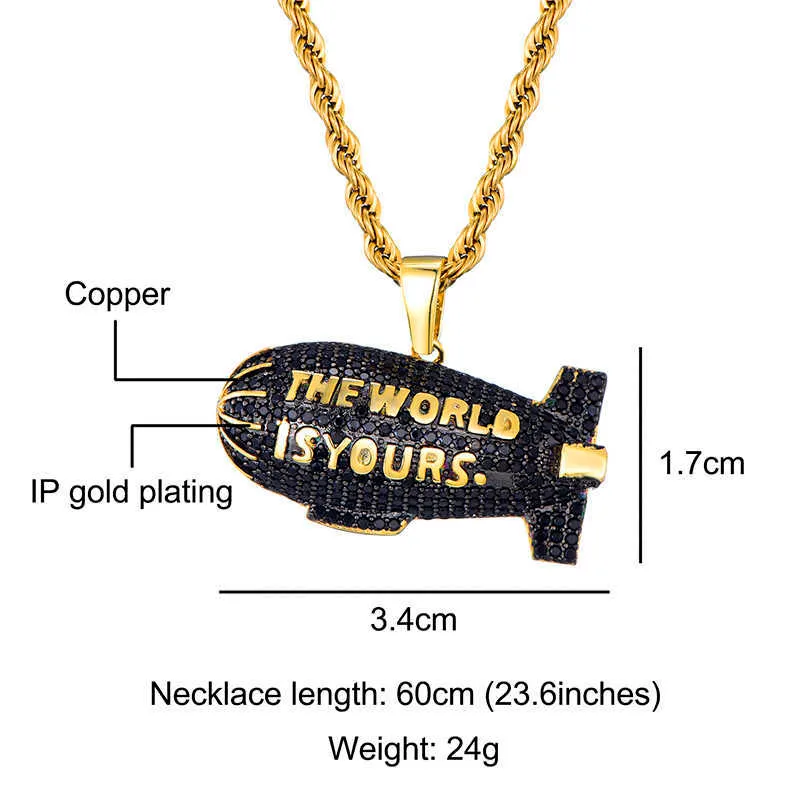 Hip Hop O mundo é seu Blimp Gold Color Cubic Colares Pingents for Men Jewelry With Tennis Chain2676