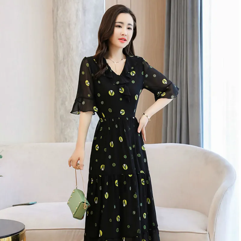 Women Black Chiffon Dresses Summer Short Sleeve V-Neck Dress Female Floral Print Elegant Vestido Plus Size 3XL 210514