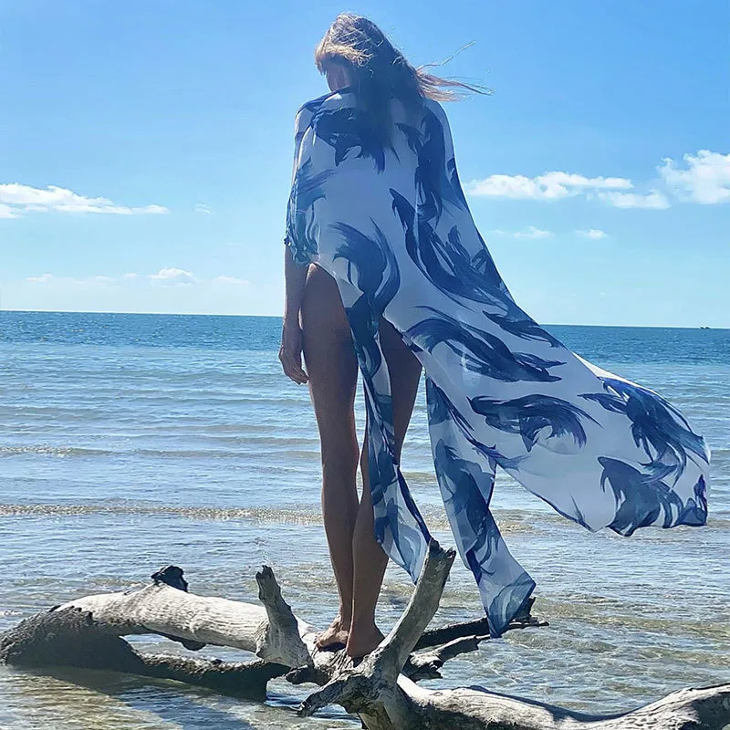 Boho djur tryckta chiffon bikini täcker plus storlek strand slitage kimono klänning kvinnor sommar baddräkt täcker upp A883 210420