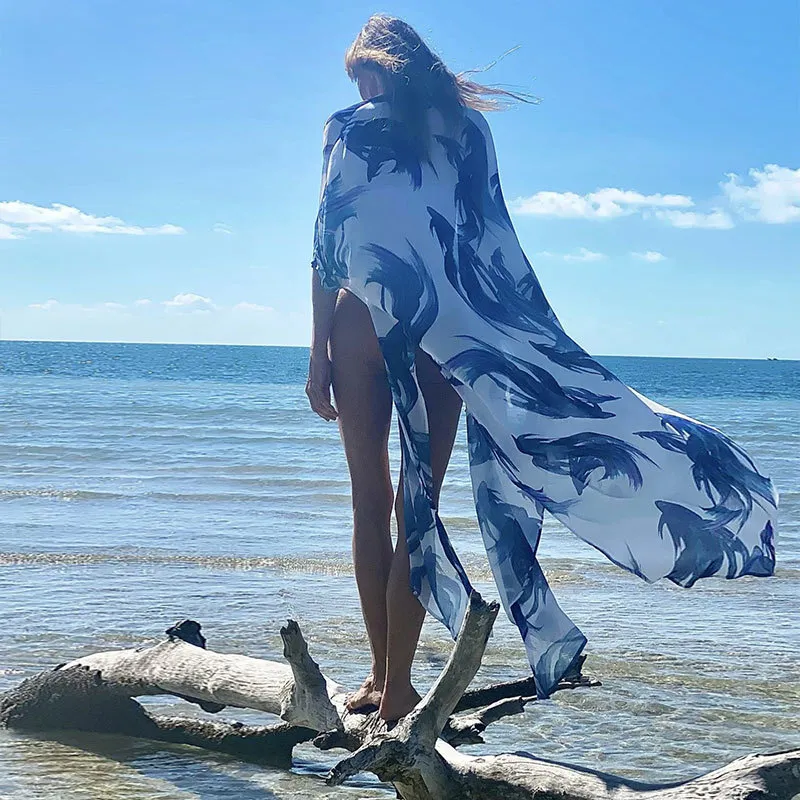 Boho Tier bedruckte Chiffon-Bikini-Vertuschungen Plus Size Beach Wear Kimono-Kleid Frauen Sommer-Badeanzug-Vertuschung A883 210420