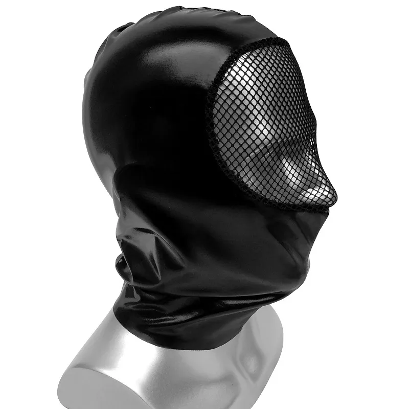 PU Leather Unisex Hood Masks with Face Mesh Patchwork Mens Headgear Roleplay Halloween Cosplay Costume Accessories Black