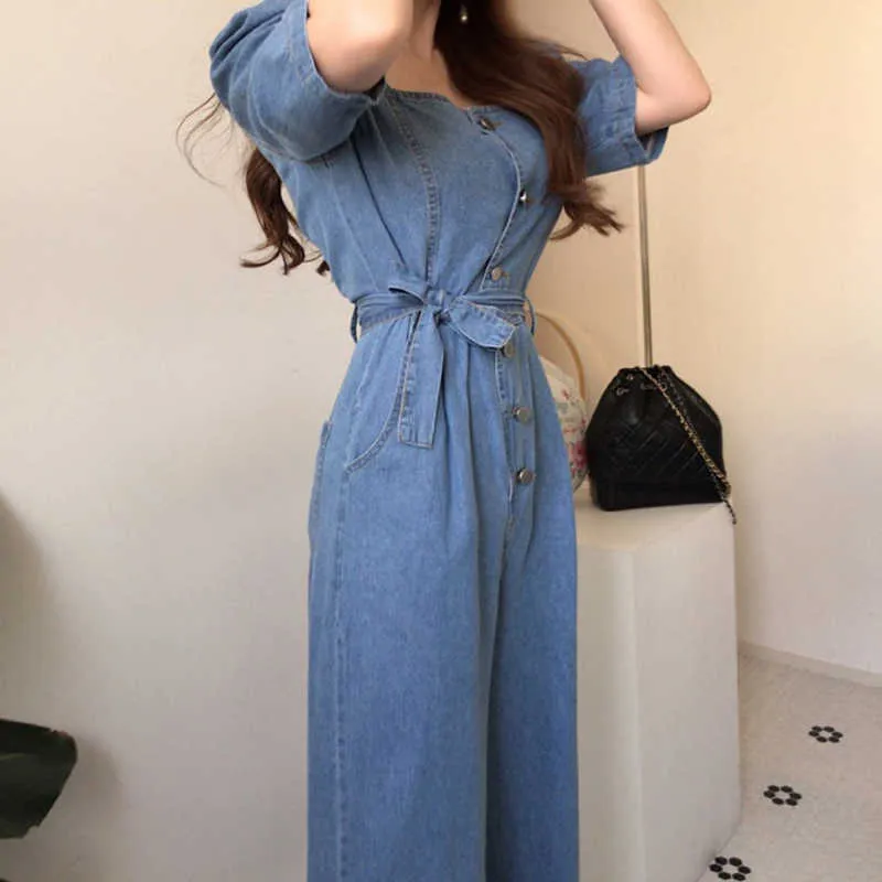 Korjpaa Kvinnor Jumpsuits Sommar retro temperament Square Collar Metal Knapp Spets Dubbel Pocket Puff Sleeve Denim Jumpsuit 210526