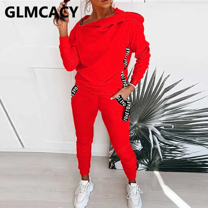 Women Two Piece Solid Tracksuit Chic Streetwear Long Sleeve Zipper Skew Neck Sweatshirt and Casual Pants Set 210819