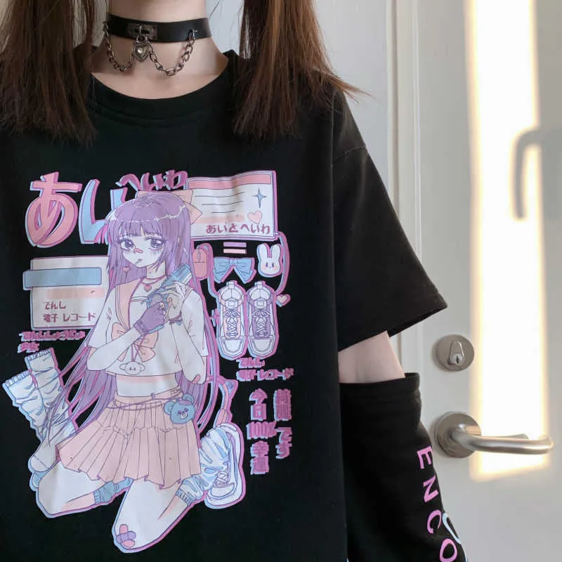 Japansk anime T-shirt Långärmad Top Zipper Removal Tee JK Tjej Söt Kläder Bomull Tshirt Kvinnor Harajuku Cartoon Printed Tops 210720