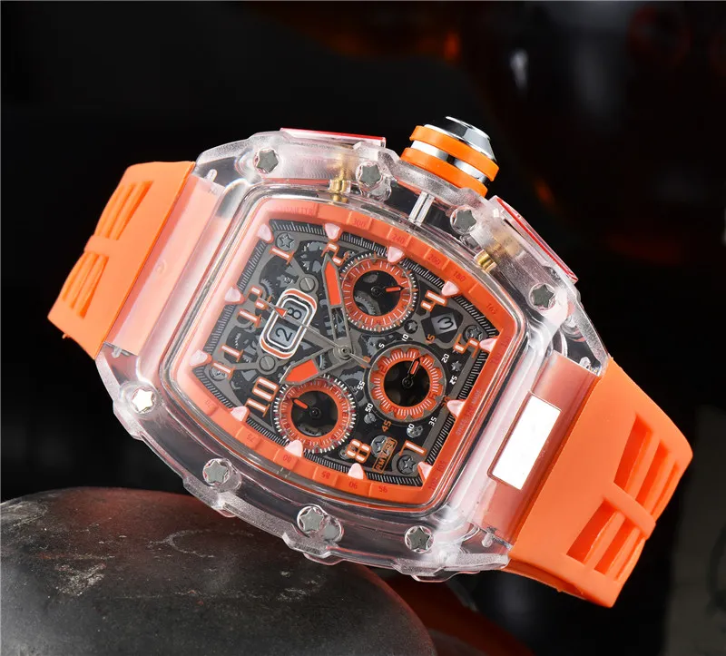 Męskie zegarek luksusowe designerskie zegarki sportowe przezroczyste obudowę 45 mm chronograph zegarek na rękę silikonowy pasek kwarcowy men clock306s