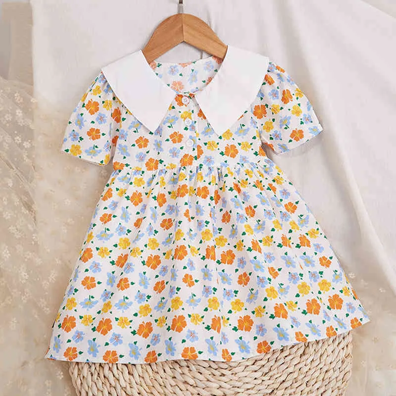夏の女の子のドレス韓国風の花柄パフスリーブかわいい幼児子供服2-6Y 210515