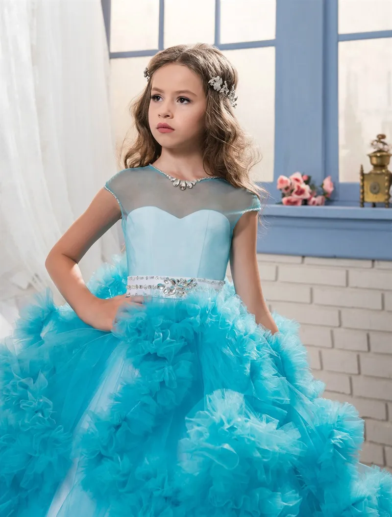 Rose bleu filles Pageant robes couche Champagne volants mignon fleur fille robes Spaghetti sangle enfant en bas âge robe de bal dentelle robe de bal8756304