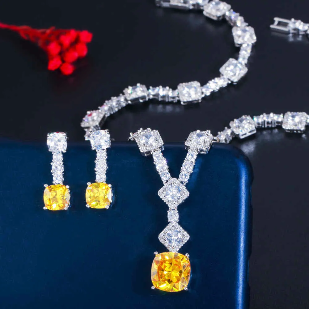 ThreeGraces Elegant Geel CZ Crystal Zilveren Kleur Grote Vierkante Drop Oorbellen Ketting Bruiloft Sieraden Sieraden voor Dames TZ581 H1022