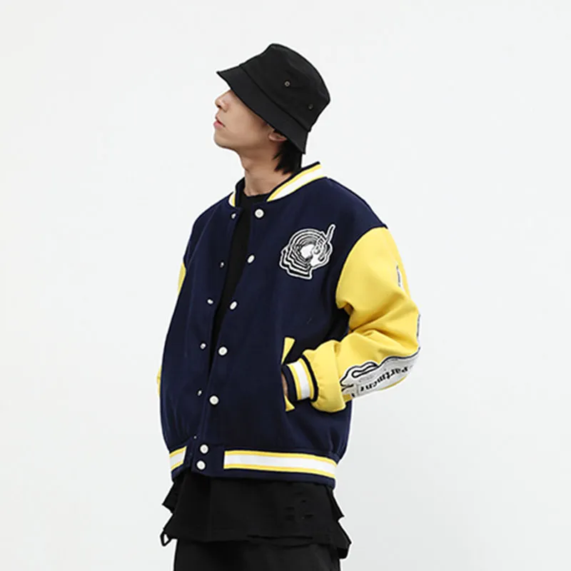 Broderie Baseball Veste Hip Hop Original Flocage Hommes et Femmes Couleur Oversize Coupe-Vent Bomber Lâche