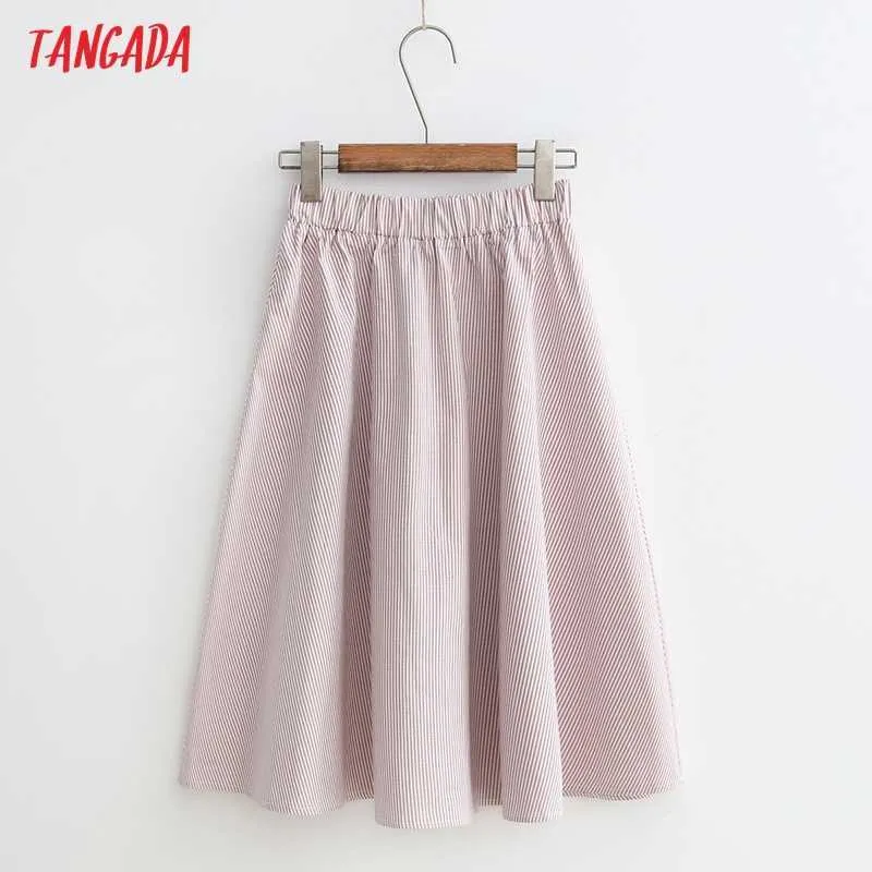 Tangada Femmes Rayé Imprimer Midi Jupe Faldas Mujer Vintage Boutons Strethy Taille Dames Élégant Chic Mi-mollet Jupes 5N23 210609