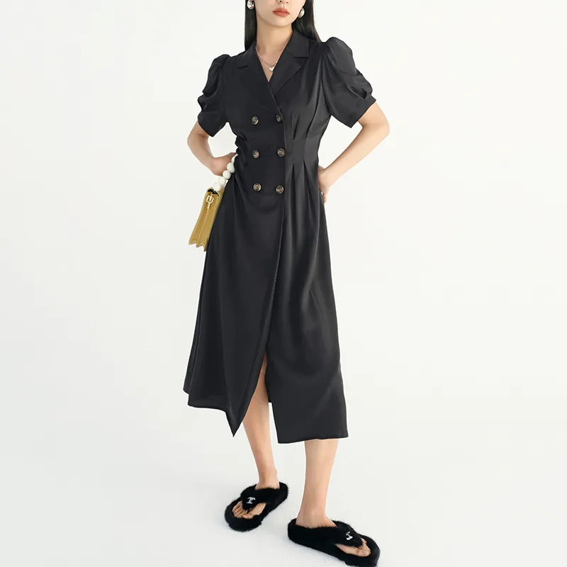 [EAM] Femmes Noir Longue Vintage Robe à double boutonnage Revers à manches courtes Coupe ample Mode Printemps Été 1DD6000 210512