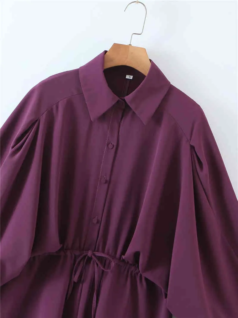 Causal femmes violet col rabattu robe mode dames lâche robes à cordon Streetwear femme Chic Mini Vestidos 210427