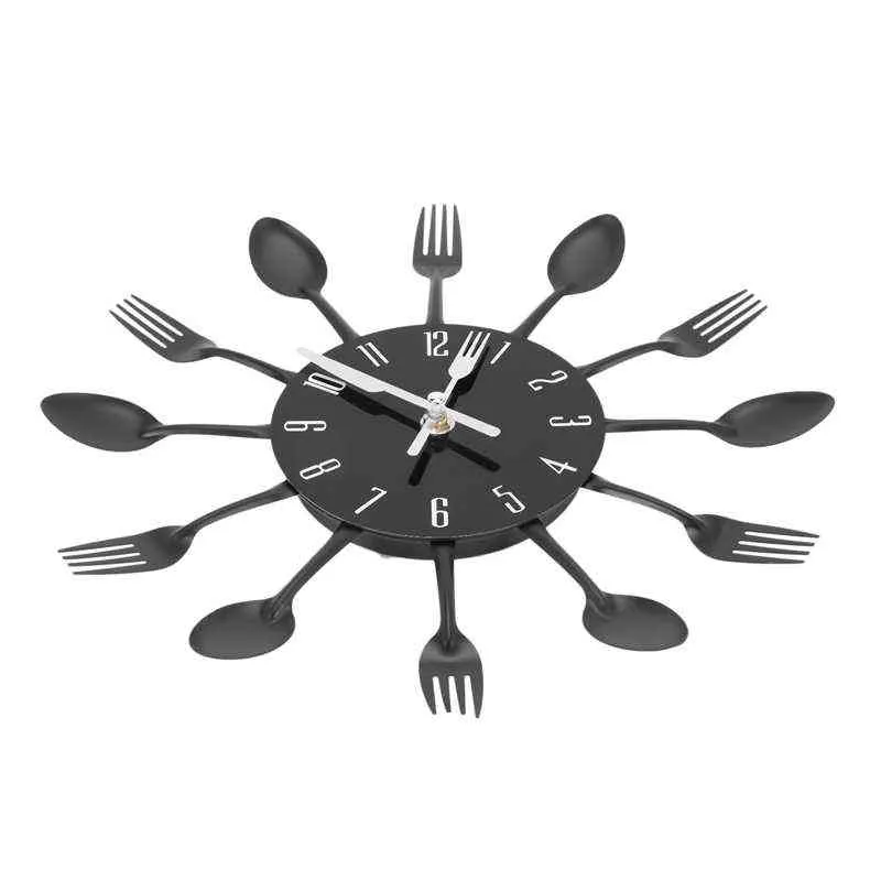 ホームデコレーションノイズのないステンレススチールカトラリー時計ナイフとフォークスプーンウォールクロックキッチンレストラン家の装飾H1230