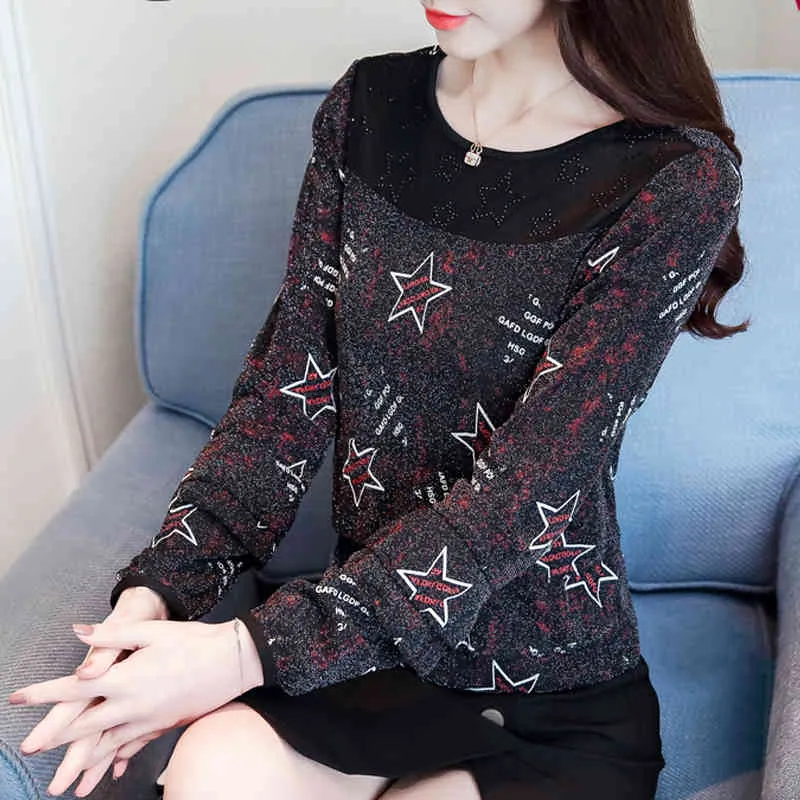 Fashion Casual Chiffon Women Blouse Long Sleeve O-neck Elegant Clothing Printing Tops Plus Size 5535 50 210506