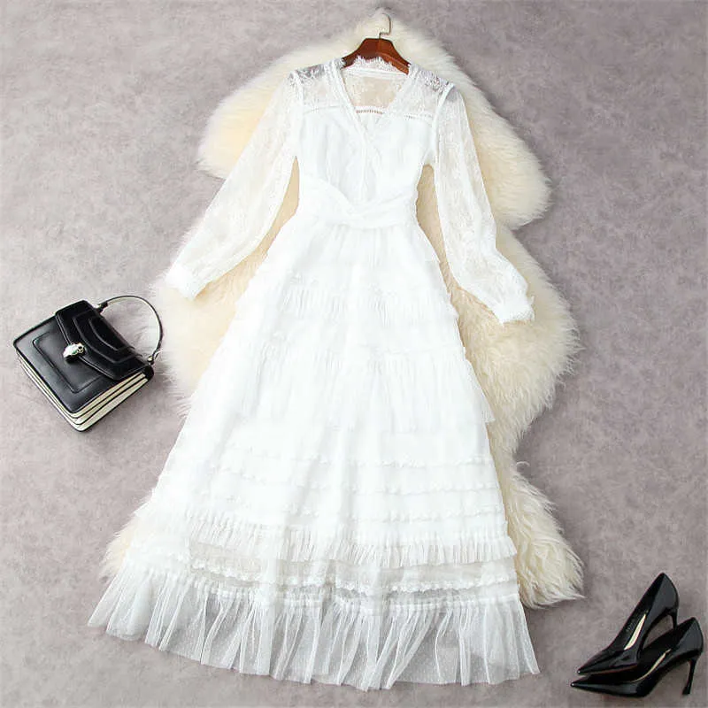 High Quality Women Summer Fashion V Neck Beading Hollow White Long Lace Wedding Party Dresses Runway Designers Sexy Robe Femme 210601