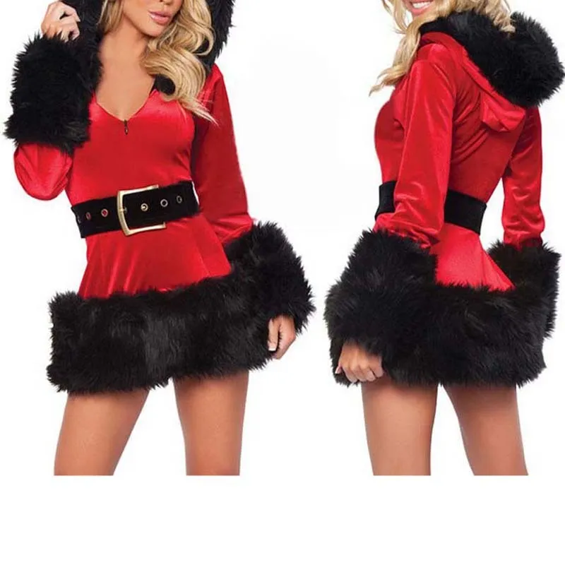 Mulheres Vestir de Alta Qualidade Sexy Ladies Veludo Trajes Santa Claus Outfit para Cinto Feminino Roupas de Natal 210522