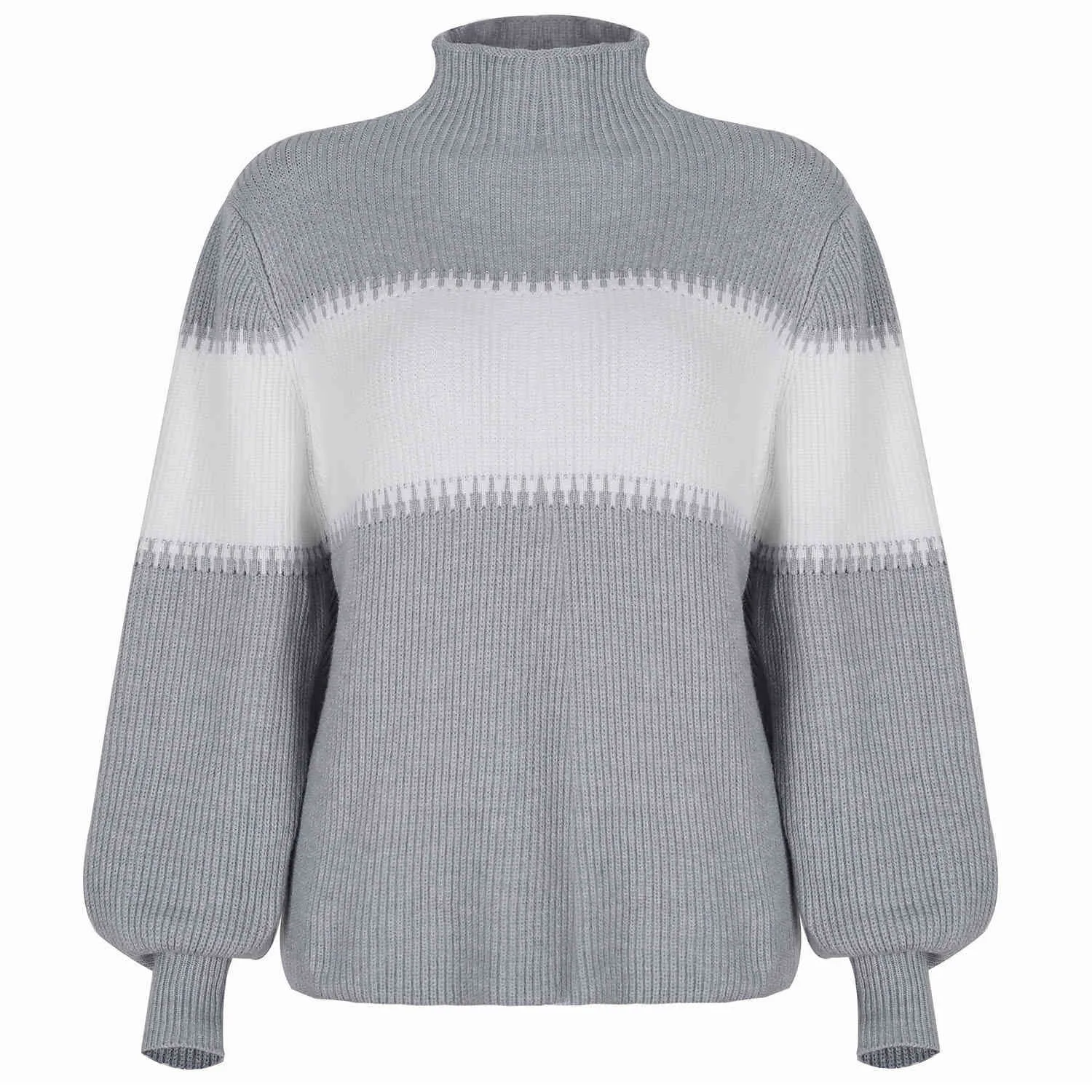 Föridol höst vinter turtleneck stickad vintage tröja kvinnor casual lykta ärm grå streetwear swaeter pullovers 210415