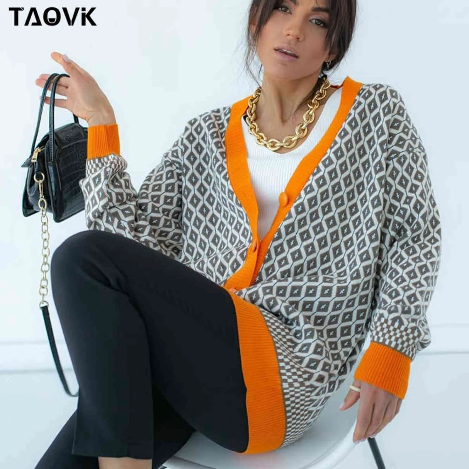 TAOVK femmes tricoté pied de poule Cardigan col en v treillis pull femme pull ample simple boutonnage boutons 211103