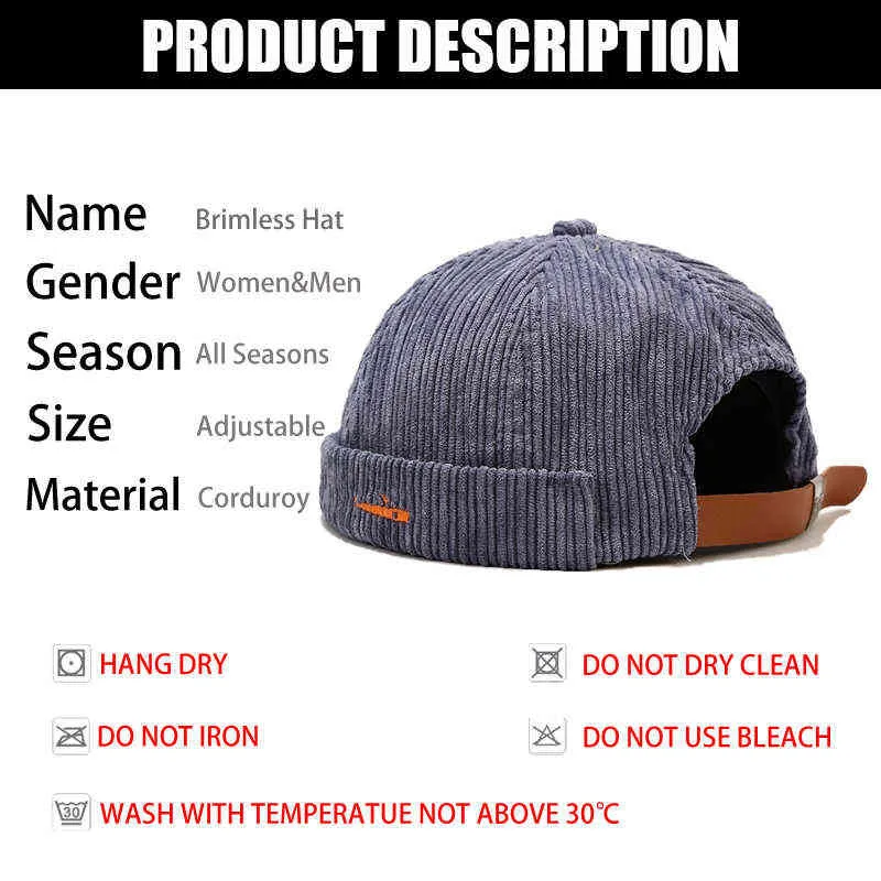 Brand Vintage Beanie Hats Men Women Spring Autumn Landlord Cap Streetwear Hip Hop Brimless Hat Corduroy Docker Cap Wholesale Y21111