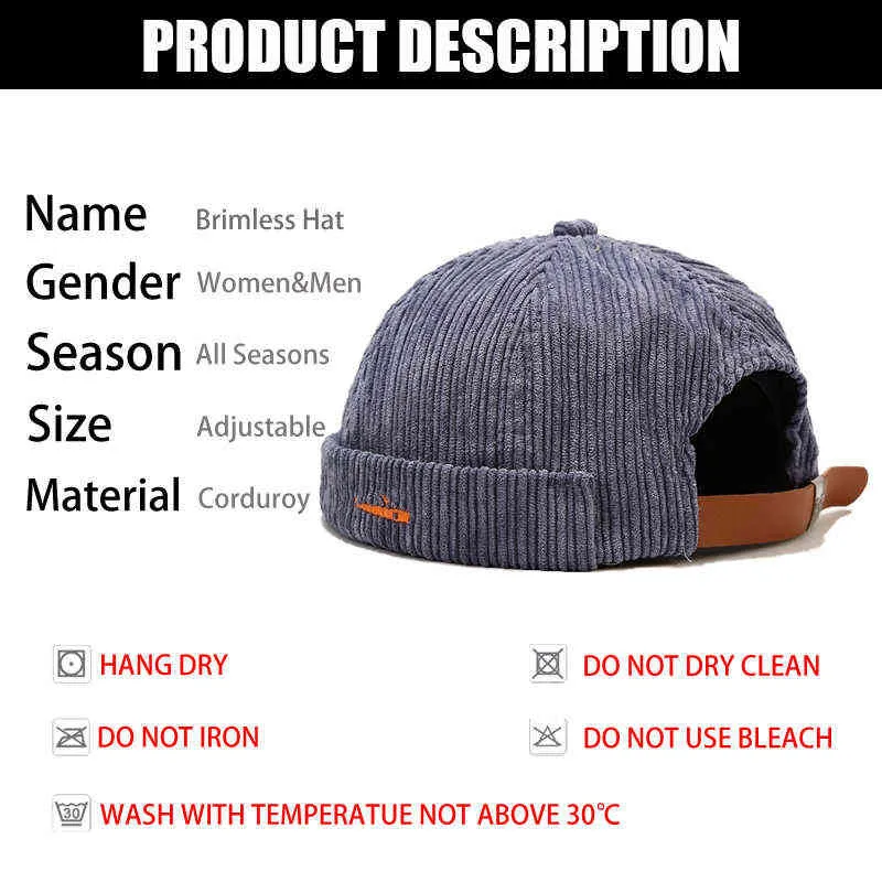 Marque Vintage Beanie Chapeaux Hommes Femmes Printemps Automne Propriétaire Cap Streetwear Hip Hop Brimless Chapeau Corduroy Docker Cap En Gros Y21111