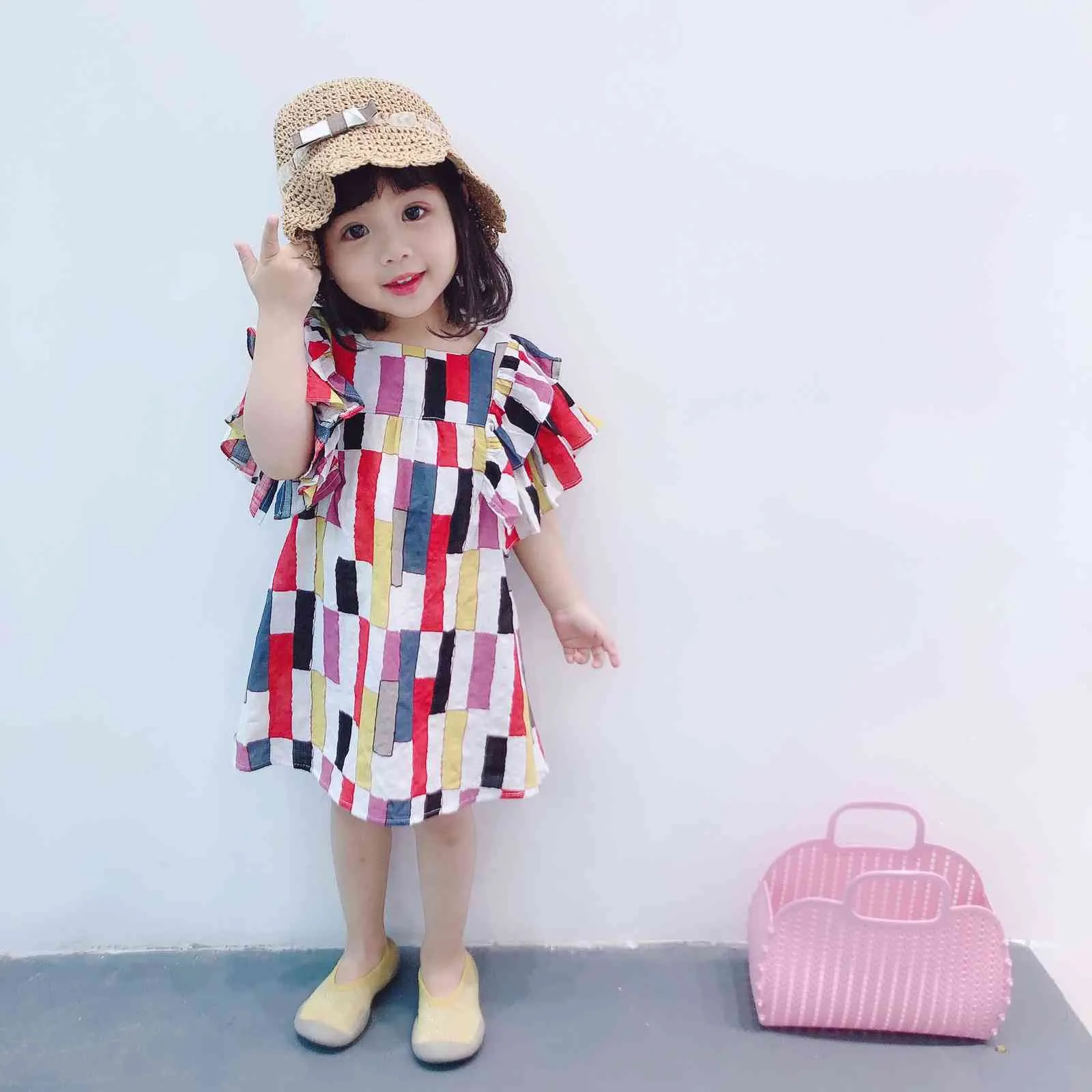 Girls Dress Summer Rainbow Color Matching Children Flying Sleeve Party Princess Toddler Girl Clothes 210515