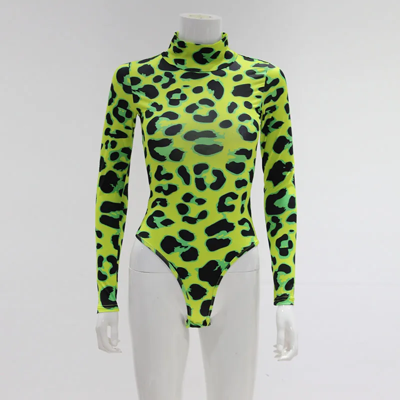 Cnnyishe Kadınlar Uzun Kollu Leopar Cilt Cilt Prinetd Bodysuit Seksi Neon Yeşil Sokak Giyim Tulum Sıska Üstler Moda Rompers 220301