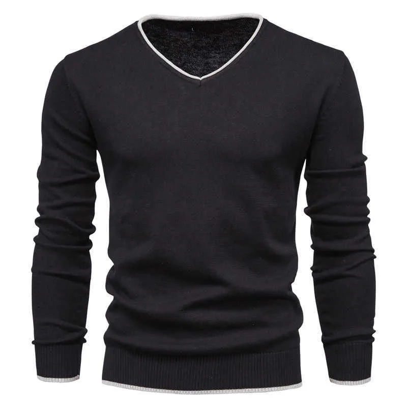 Мужчины Осенний свитер V-образным вырезом Пуловеры моды 100% хлопок твердого цвета с длинным рукавом тонкие свитера ВМФ трикотаж 211006