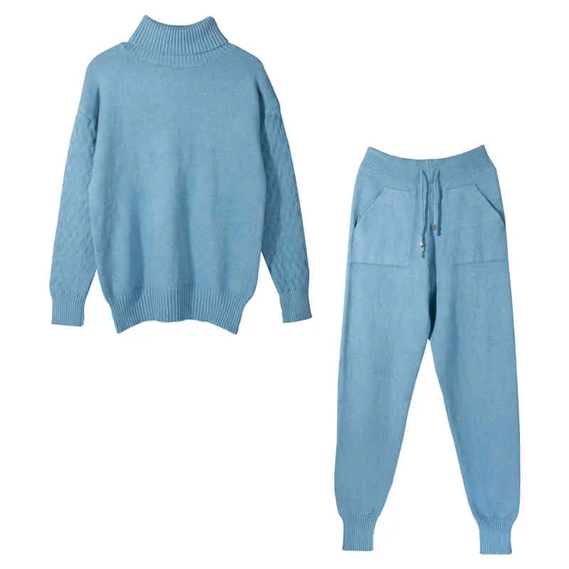 2 stycken Set Kvinnor Stickad Tracksuit Turtleneck Tröja + Morot Joggingbyxor Pullover Chic Outwear 210507