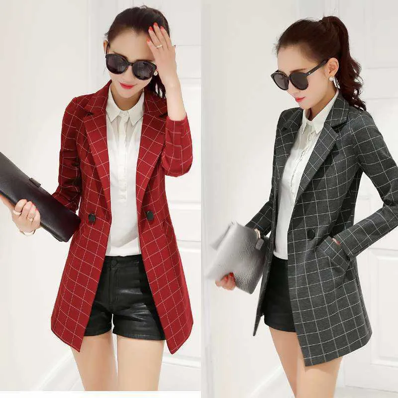 Mode Slim Plaid Dames Small Suit Jacket Koreaanse versie van het Formaat met lange mouwen Lange Dames Blazer Office 210527
