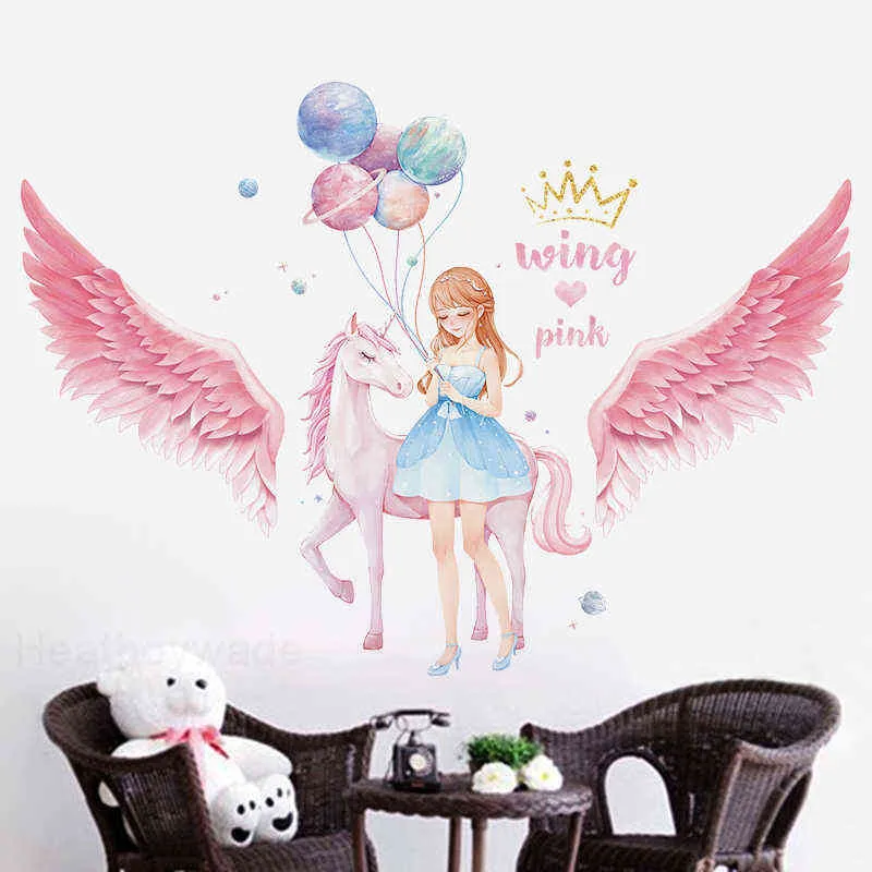 Jolie Licorne Fille Stickers Muraux pour Filles Chambre Enfants chambre Décor Planète Ballon Ailes Stickers pour Enfants Chambres Décoration 211124