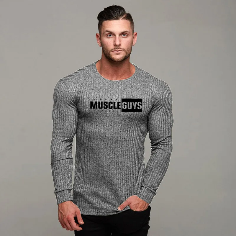 MuscleGuys Brand Autumn Sweater Mens Fashion Casual Male Sweater O-Neck Slim Fit Stickning Men Tröjor Pullovers 210421