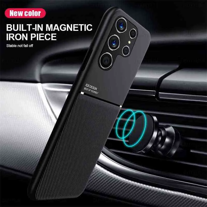 Car Magnetic Holder Leather Phone Cover Case For Samsung Galaxy S 22 S22 Ultra Pro Plus S22Ultra 5G TPU Soft Frame Protect Coque W220226