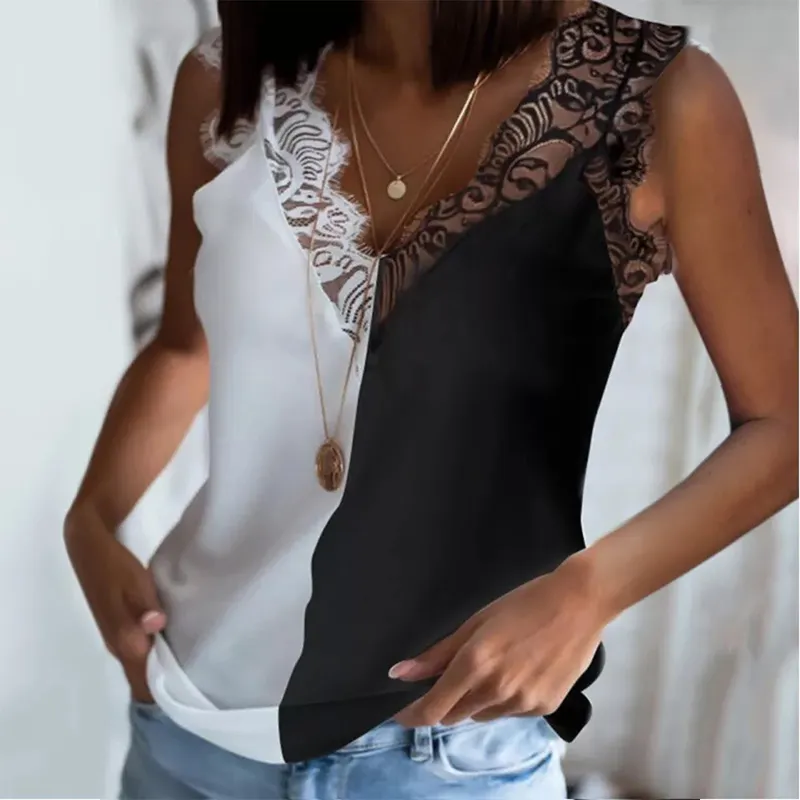 Vrouwen wit zwart patchwork kant vest tops zomer sexy v-hals backless mouwloze vrouwelijke losse blouses tops ropa de mujer 210416
