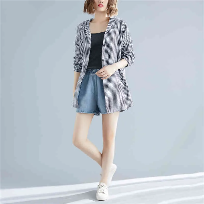 Summer Spring Women's Long Sleeve Casual Plaid Hooded Collar Bottons Jackets Loose Cardigan Shirt Coat Outwear 210514
