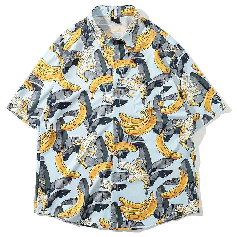 Camisa havaiana masculina Banana folha impressão marca solta praia desgaste luz camisas de manga curta homens tops 210527