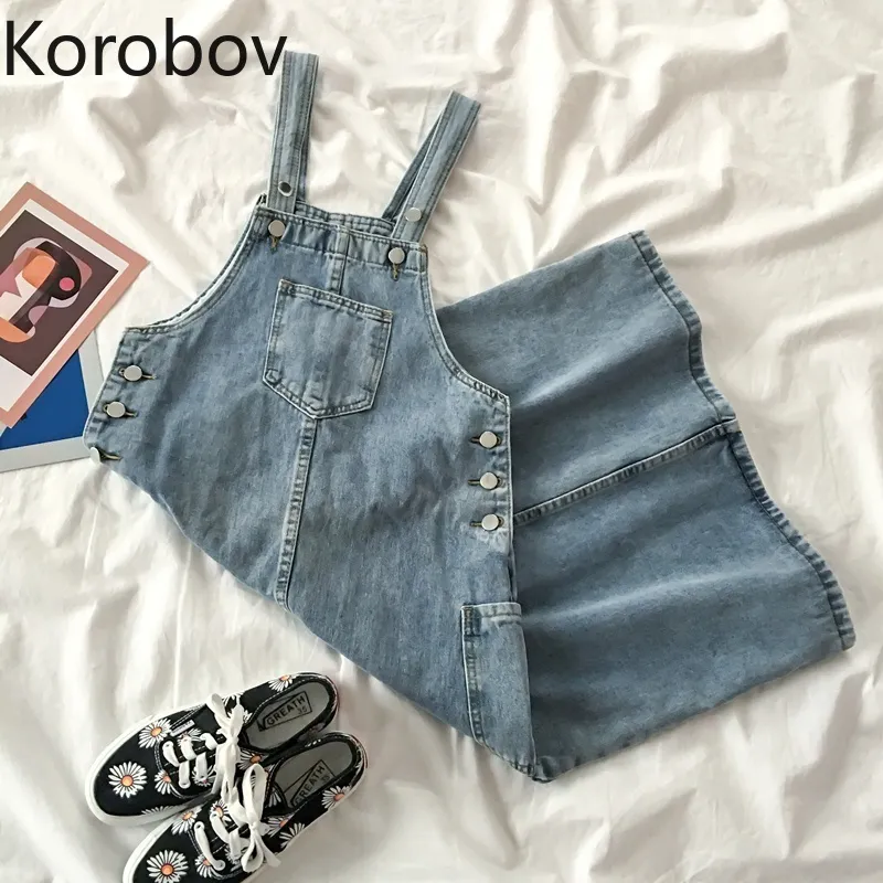 Korobov Preppy Style Femmes Spaghetti Strap Dress Japonais Coréen Vintage Robes Nouveau Chic Bouton Poches Denim Vestidos 210430