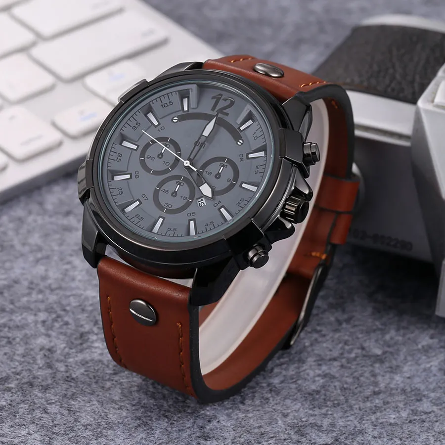 Marca assiste a homens Big Dial Style Leather Strap Quartz Wrist Watch DZ01237Q