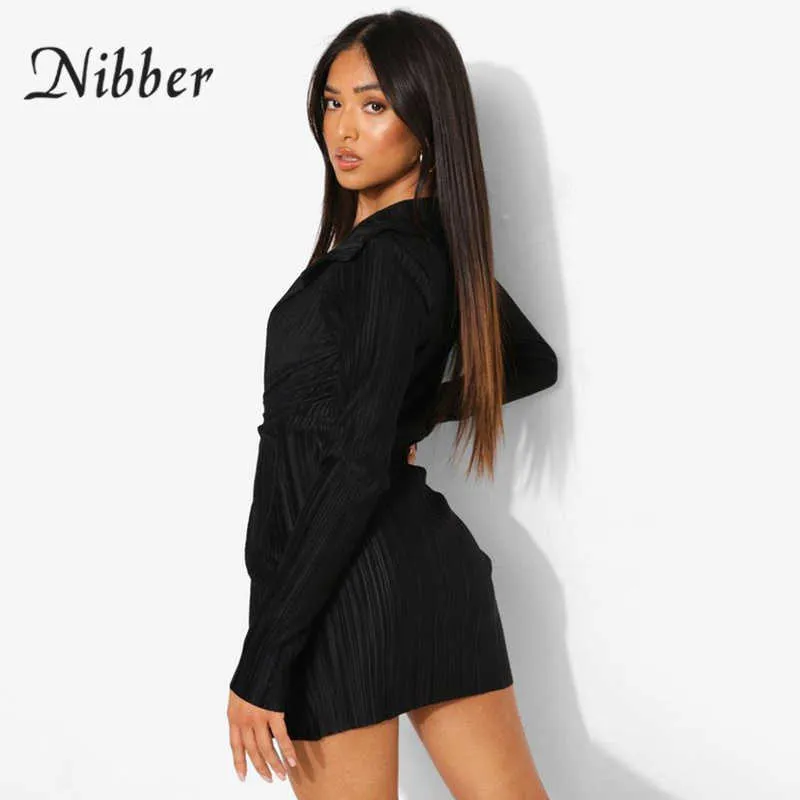 Nibber Summer New Pure Färg Långärmad Klänning Deep V-Neck Slim Sexig Casual For Office Womens Daily Pendling Wear 2021 Y0823