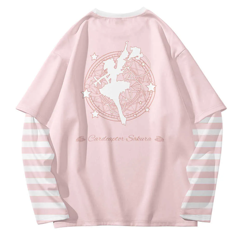 Cute Lolita Pink Fake 2 pezzi T-shirt a maniche lunghe a righe Card Captor Sakura T-shirt patchwork Otaku Anime T-shirt allentate Top 210629