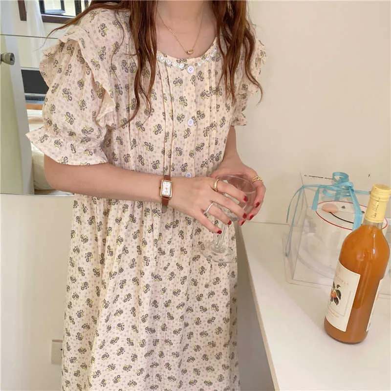 Sommer Lose Pyjamas Outwear Baumwolle Nachtwäsche Süße Blumen Prinzessin Kleid Gedruckt Chic Homewear Nachthemd 210525
