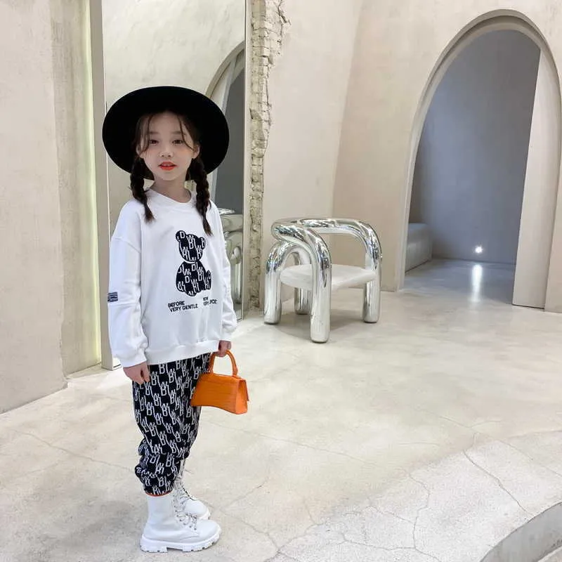 Korean Style Spring Kids Girls Boys 2-pcs Sets Long Sleeves Cartoon Bear T-Shirts + Sports Pants Clothes E284 210610