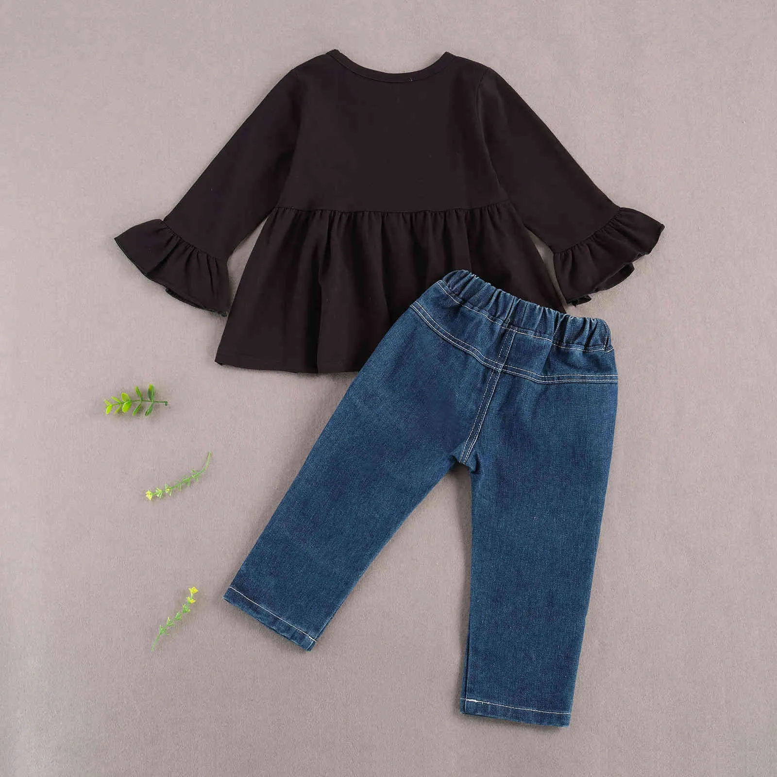 2-8y lente herfst kinderen kind meisjes kleding set zwarte ruches lange mouw tuniek bloem denim broek jeans outfits 210515