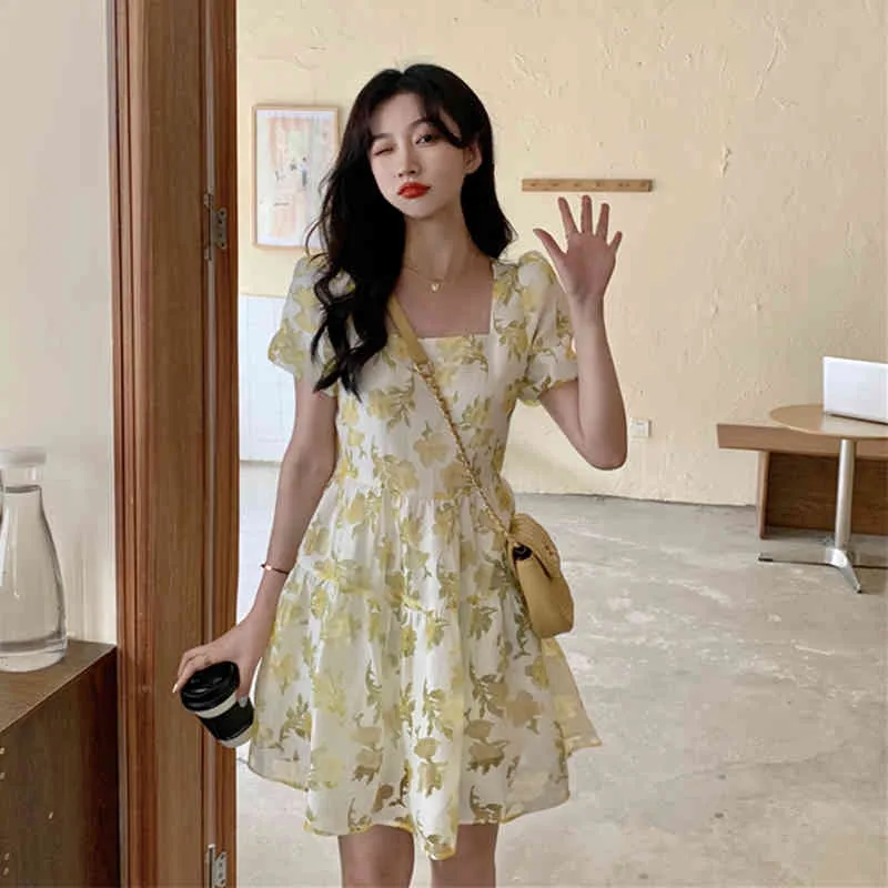 Ezgaga Style français robe florale femmes été nouvelle mode à manches courtes taille mince col carré robe de bal douce Mini robe 210430
