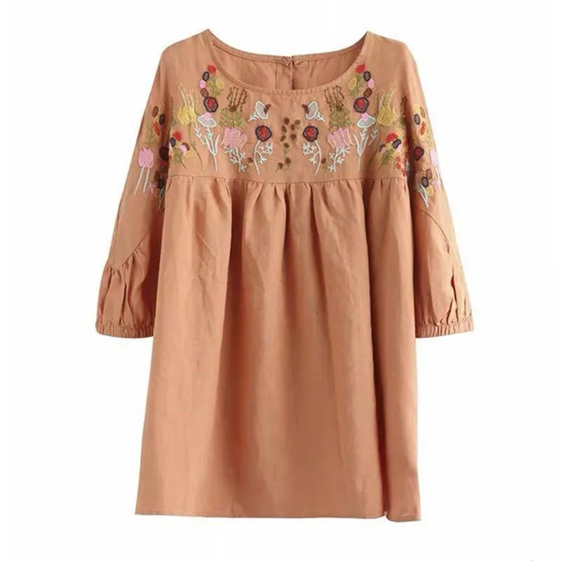 Été coton lin hauts grande taille broderie florale Vintage ample décontracté t-shirt dame col rond à manches courtes t-shirt P13 210512