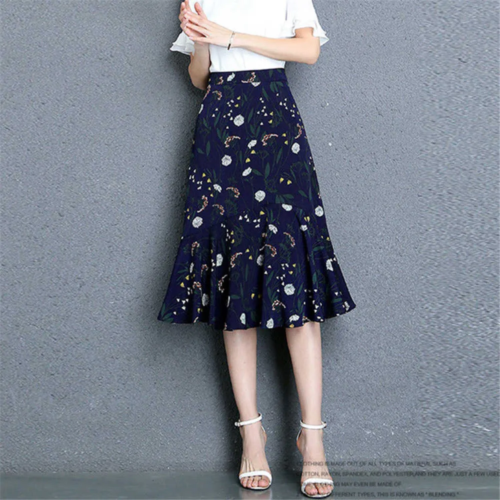 Chiffon Polka Dot Medium Mermaid Long Skirt Women Casual Spring Summer Female High Waist Printing Black White Skirts 210619